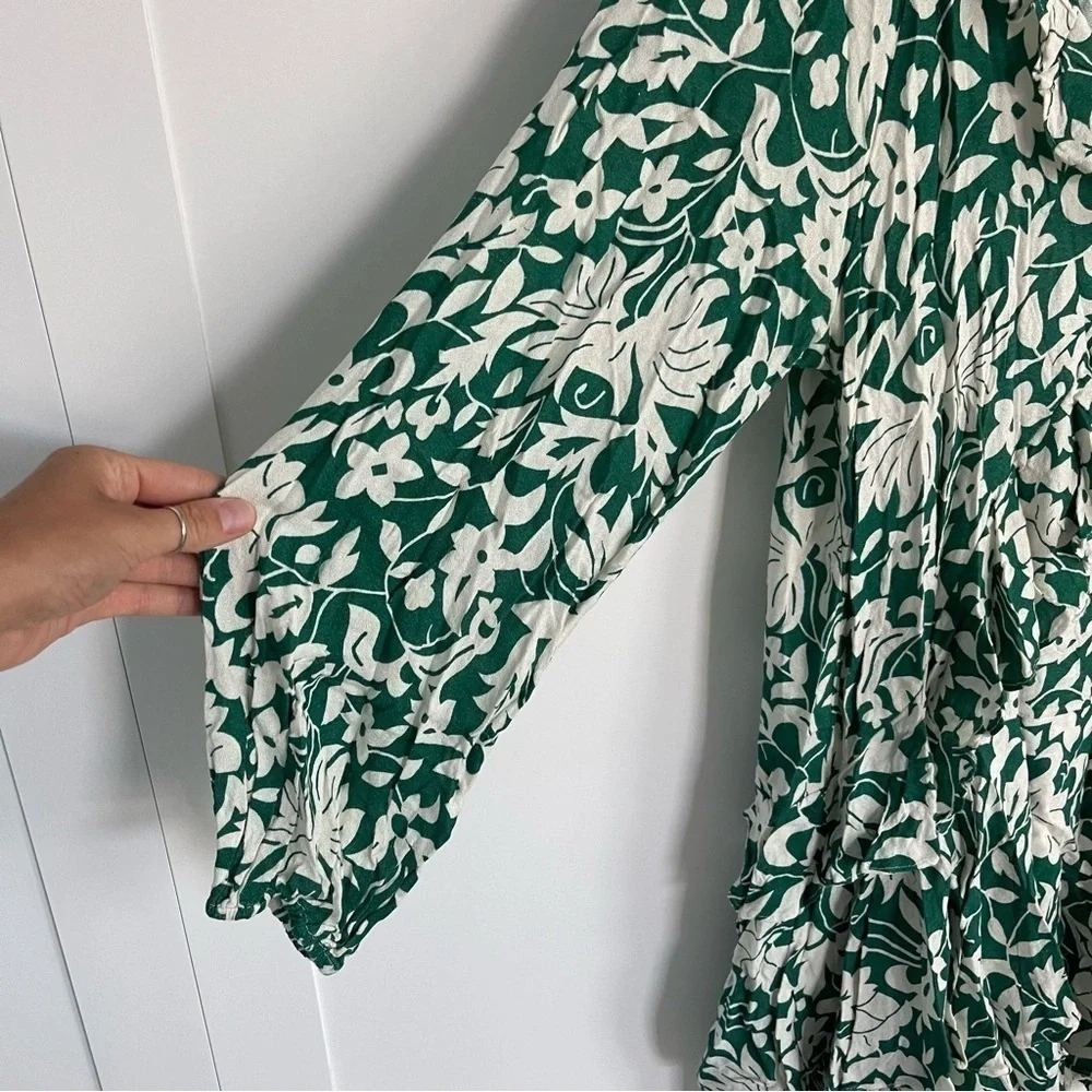 Free People Rebecca Floral Ruffle Long Sleeve Casual Green & White Mini Dress L - Picture 7 of 11